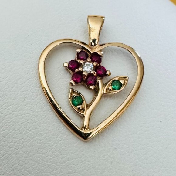 10K Yellow Gold Open Heart Pendant with Flower Design Ruby Emerald Diamond - Picture 1 of 3